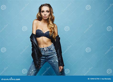 Beautiful Sexy Fashionable Blonde Half Naked Girl In Leather Jacket