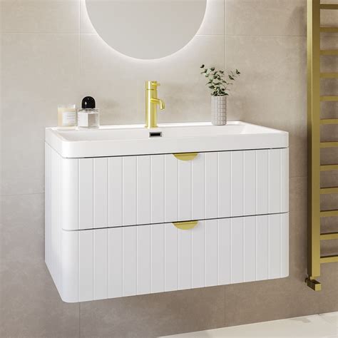 800mm White Wall Hung Vanity Unit With Basin And Brass Handles Empire