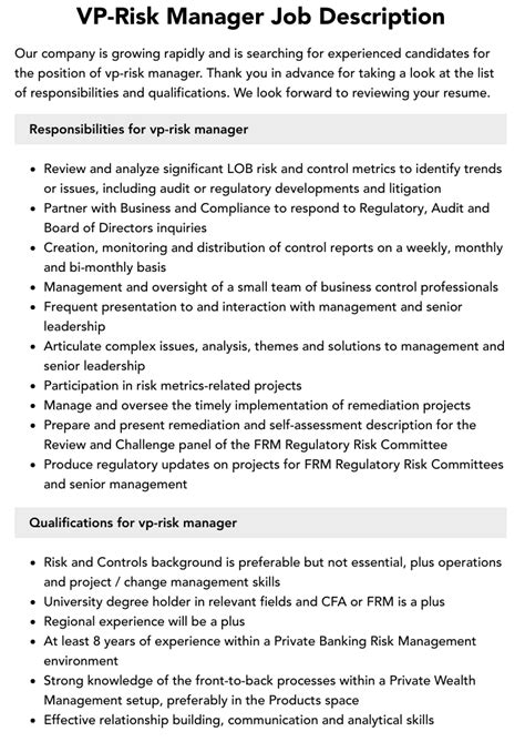 VP Risk Manager Job Description Velvet Jobs