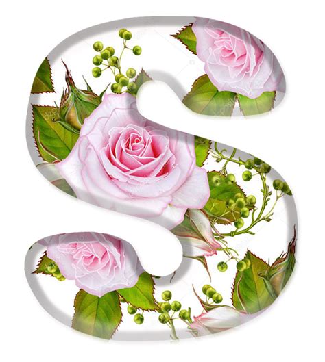 The Letter S Is Decorated With Pink Roses And Green Leaves