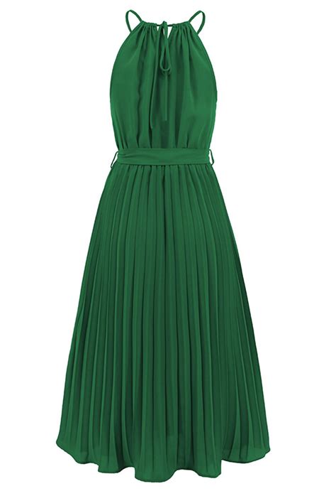 Halter Neck Tie Waist Pleated Dress In Green Retro Indie And Unique