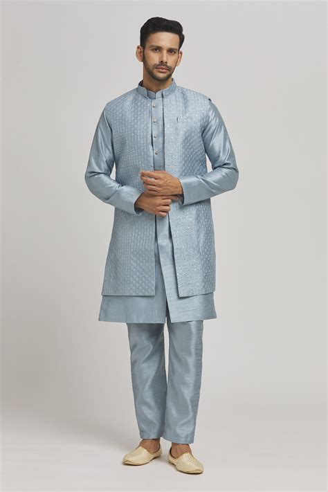 Buy Blue Cotton Embroidered Thread Karnik Sequin Jaal Jacket Kurta Set