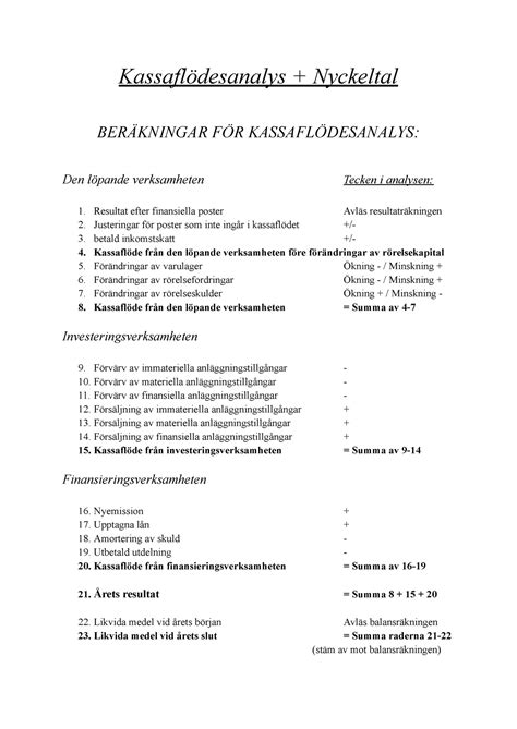 Sammanfattning av hur man beräknar kassaflödesanalys och alla nyckeltal