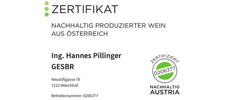 Nachhaltig Austria Zertifikat Weingut Pillinger
