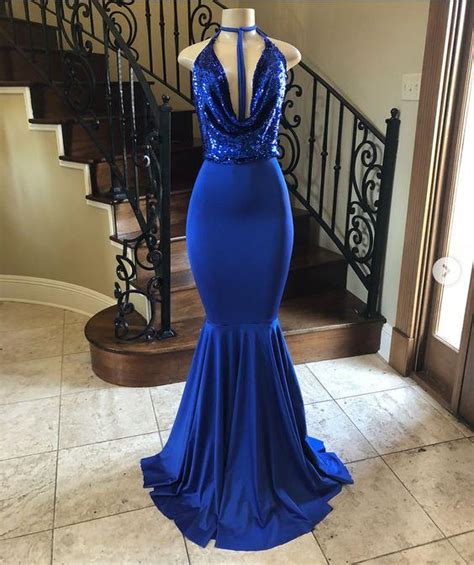 Halter Neck Mermaid Satin Prom Dress Royal Blue Long Chiffon Evening