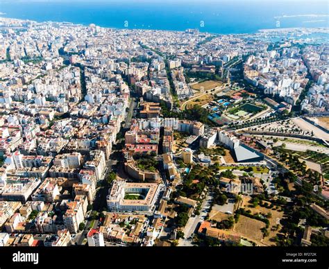 View of the old town and the bay of Palma de Majorca, aerial view ...