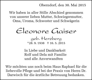 Traueranzeigen Von Eleonore Gaiser Schwarzw Lder Bote Trauer