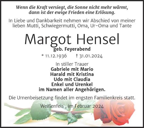 Traueranzeigen Von Margot Hensel Abschied Nehmen De