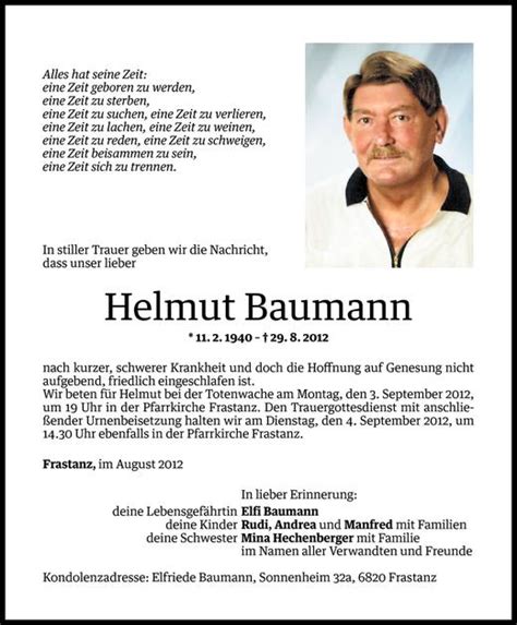 Todesanzeigen Von Helmut Baumann Todesanzeigen Vorarlberger Nachrichten