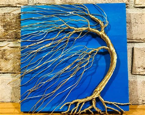 Windswept Willow Wire Tree Sculpture Acrylic Painting Gold Aluminum