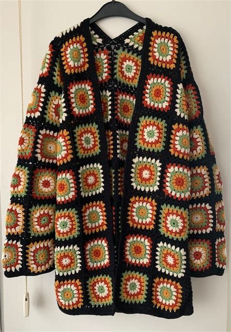 Black Long Granny Square Woman Coat Knitted Crochet Cardigan Crochet