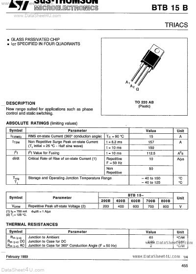 BTB15600B ST Microelectronics TRIAC Hoja de datos Ficha técnica