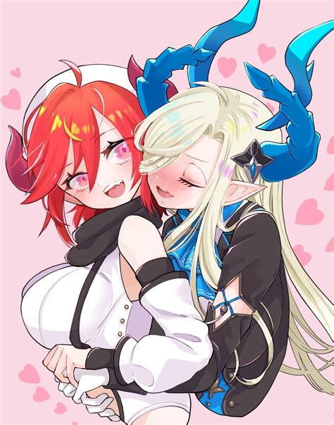 Safebooru 2girls Ahoge Bare Shoulders Blonde Hair Blue Horns Blush Breasts Closed Eyes Demon