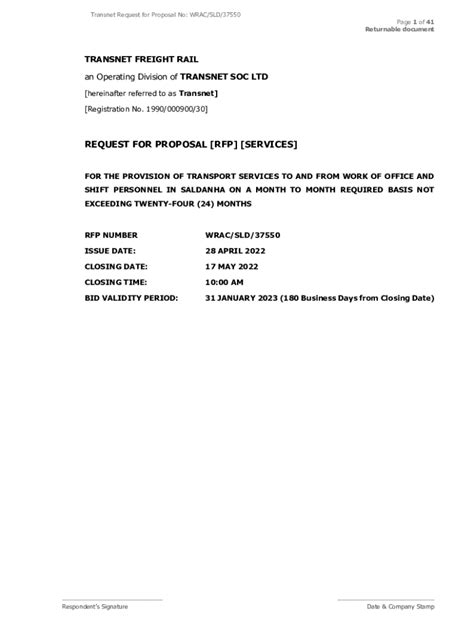 Fillable Online Transnet Request For Proposal No Wrac Sld Fax