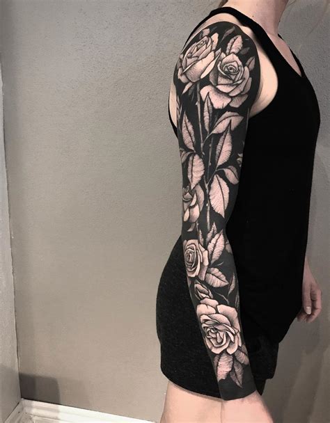 Black Ink Sleeve With White Roses