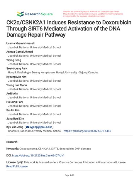 PDF CK2α CSNK2A1 Induces Resistance to Doxorubicin Through SIRT6