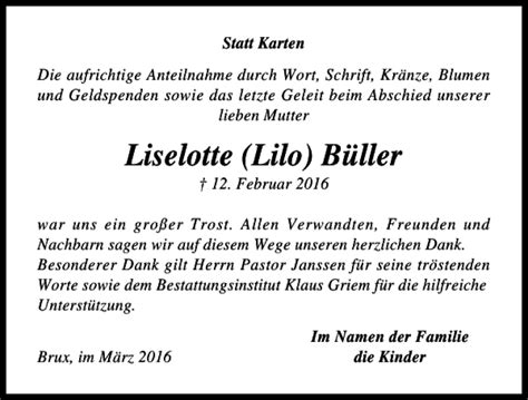 Traueranzeigen von Liselotte Lilo Büller trauer anzeigen de