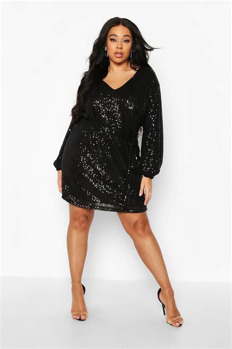 Plus Sequin Belted Blouson Sleeve Wrap Dress Plus Size Black Dresses