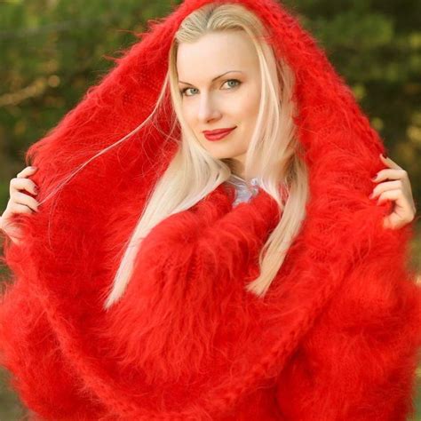 Hand Knitted Cowl Neck Mohair Sweater In Bright Red Fuzzy Mohair