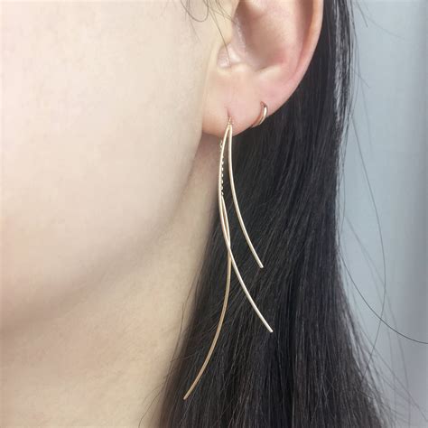 14K Solid Gold Threader Earrings 14K Long Threader Earrings Etsy