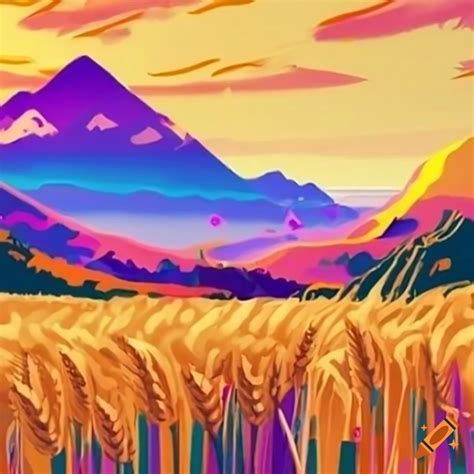 Scenic View Of Wheat Fields With Mountains On Craiyon