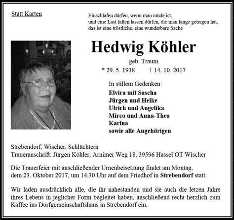 Traueranzeigen von Hedwig Köhler vrm trauer de