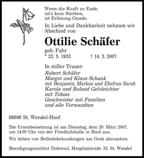 Traueranzeigen von Ottilie Schäfer Saarbruecker Zeitung Trauer de