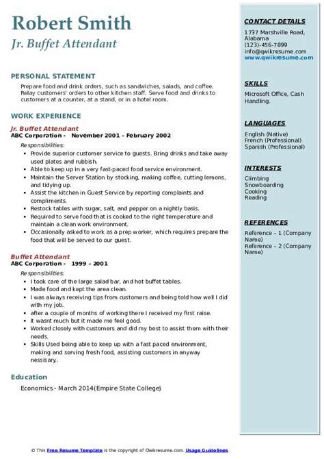 Buffet Attendant Resume Samples Templates For