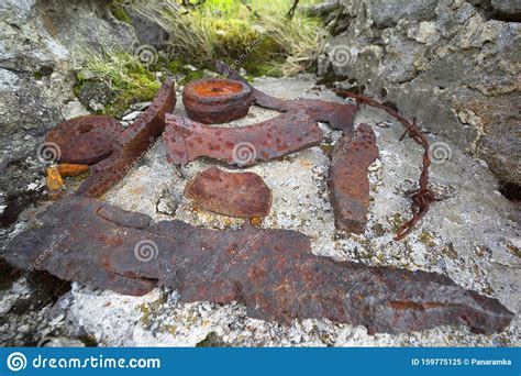 Rusty Fragments Bullets In A Dugout Stock Image Image Of Iron