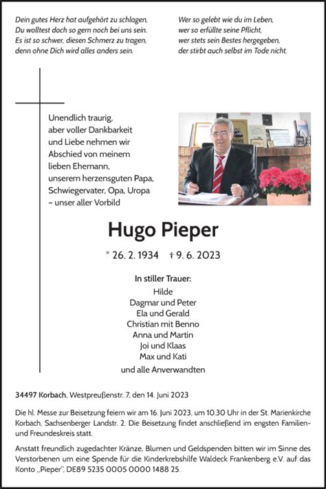 Traueranzeigen Von Hugo Pieper Trauer In Nrw De