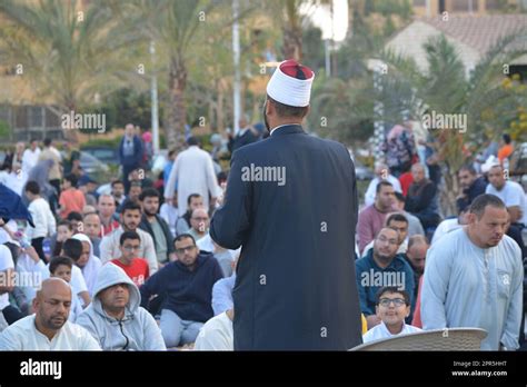 Cairo, Egypt, April 21 2023: A mosque preacher Imam performs Eid Al ...