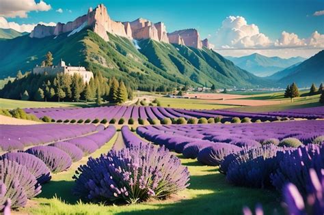 Premium Ai Image A Large Field Of Lavender In Front Of A Mountain