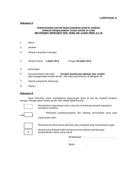 Borang Permohonan Guna Kenderaan Sendiri Pdf