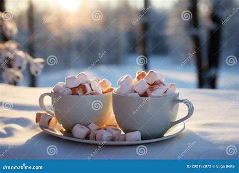 Two Cups Of Christmas Hot Cocoa With Mini Marshmallows Winter