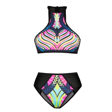 B583 Sexy Gauze Zipper Hollow Vest High Neck Crop Tops Bikini Set