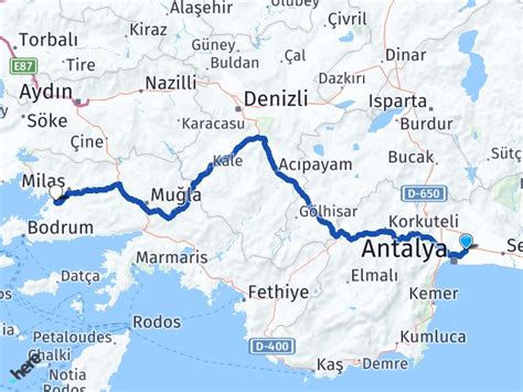 Antalya Aksu Milas Bodrum Havaliman Aras Ka Km Yol Tarifi