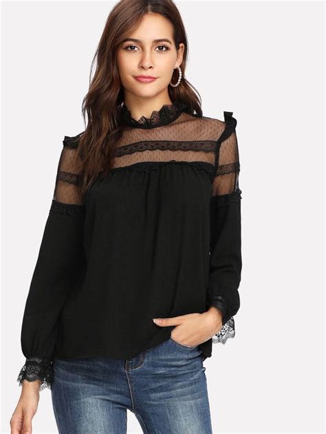 Debby Mesh Neck Lace Cuff Frilled Top Shein Sheinside Frill Tops