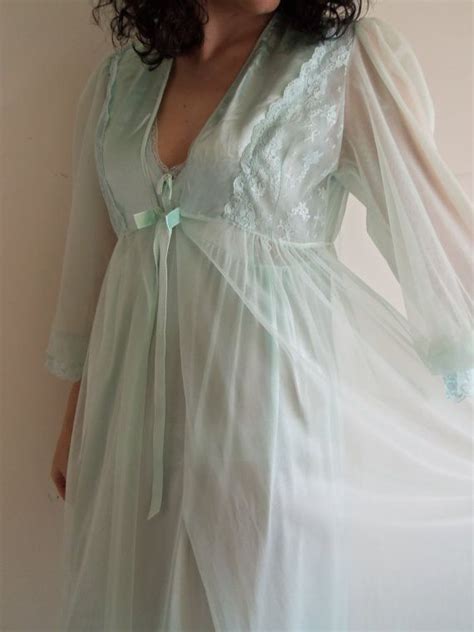 Vintage Peignoir Set Light Teal Blue Nightgown And Sheer Robe Etsy