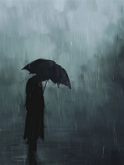 A Single Person Stands In The Rain Their Head Down Holding A Black