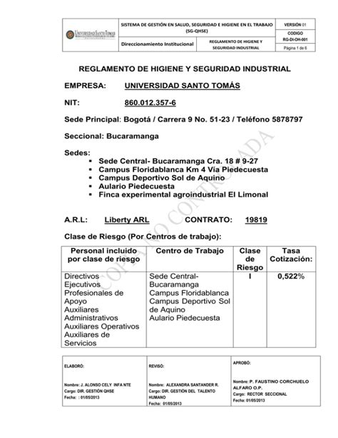 Reglamento De Higiene Y Seguridad Industrial Empresa Universidad Santo