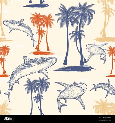 Sharks And Palms Islands In Seamless Pattern Hand Drawn With Pen And