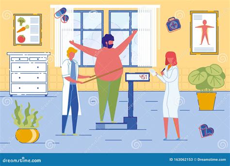 Nutritionists Or Dietician Doctors Weigh Patient Stock Illustration