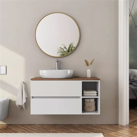 Mobile Da Bagno Sospeso Cm Con Top Rovere Deciso Opaco E Vano A