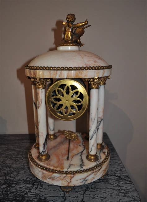 Proantic Large Antique Clock With 6 Columns In Veined Marble Louis X