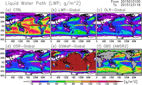 Global patterns of the timemean liquid water path LWP g m² for a