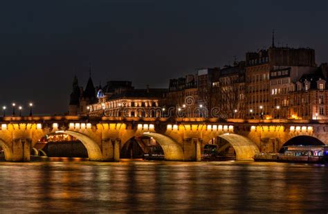 Night Paris, Pont Neuf Bridge, Reflection of Lights in the River Seine, Cityscape Stock Photo ...