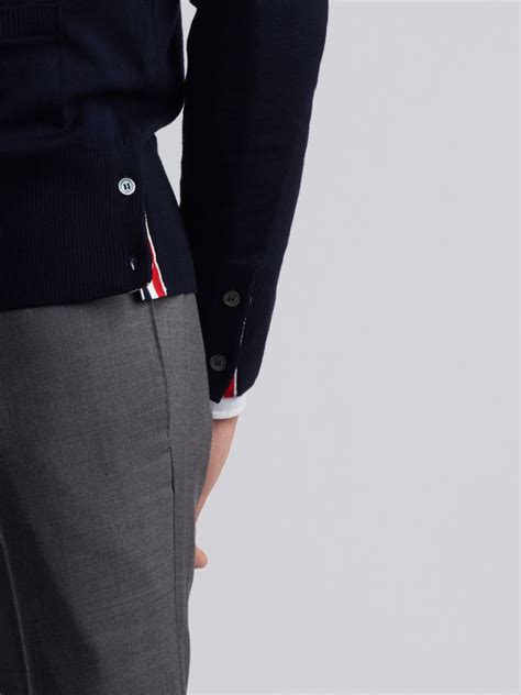 V Neck Cardigan With 4 Bar Stripe In Navy Blue Merino Thom Browne