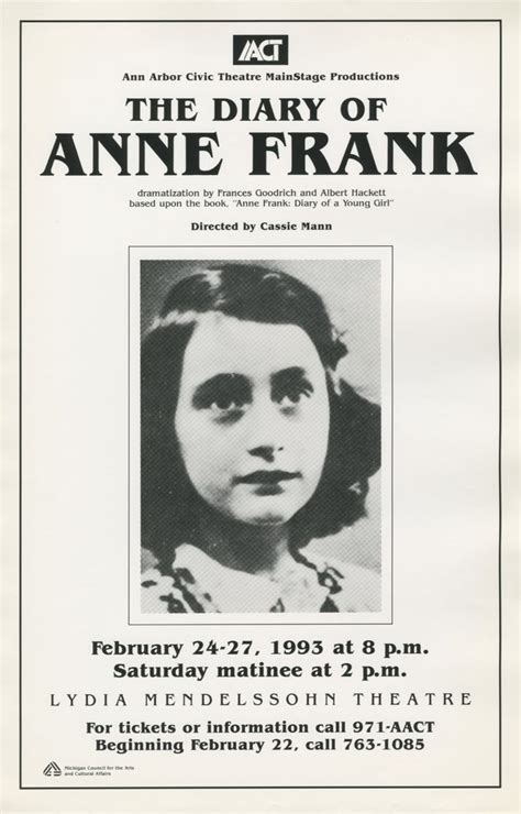 Ann Arbor Civic Theatre Poster The Diary Of Anne Frank Anne Frank