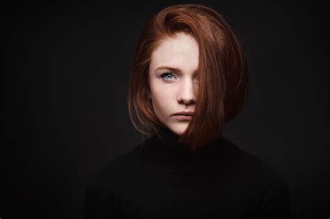 Women Face Portrait Redhead Blue Eyes Simple Background Looking At