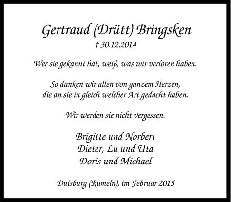 Traueranzeigen Von Gertraud Bringsen Trauer In Nrw De